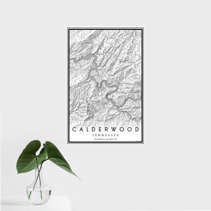 16x24 Calderwood Tennessee Map Print Portrait Orientation in Classic Style With Tropical Plant Leaves in Water