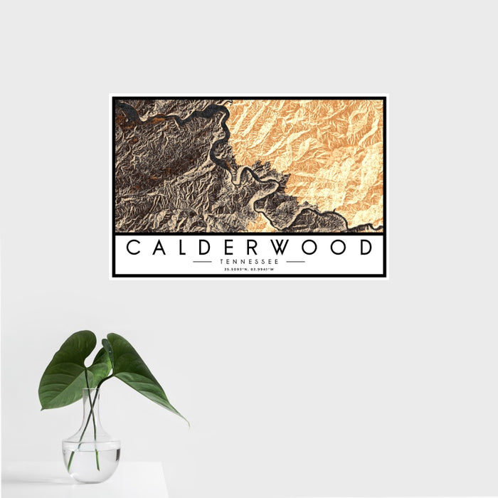 16x24 Calderwood Tennessee Map Print Landscape Orientation in Ember Style With Tropical Plant Leaves in Water