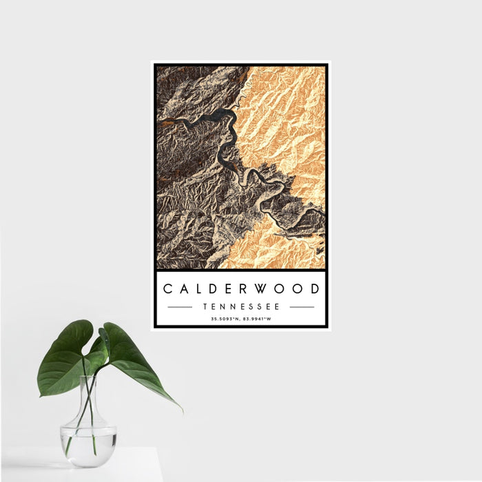 16x24 Calderwood Tennessee Map Print Portrait Orientation in Ember Style With Tropical Plant Leaves in Water