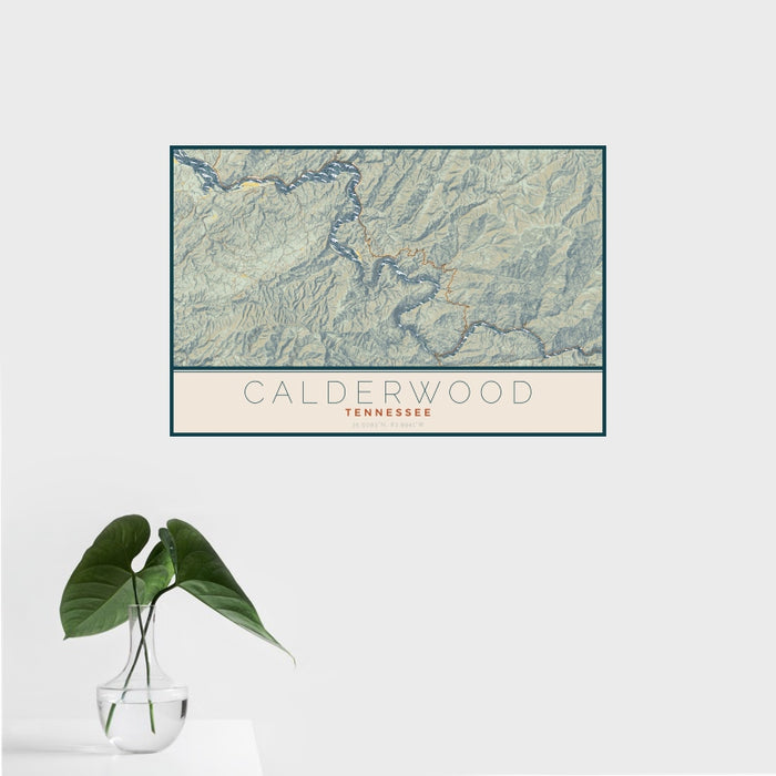 16x24 Calderwood Tennessee Map Print Landscape Orientation in Woodblock Style With Tropical Plant Leaves in Water