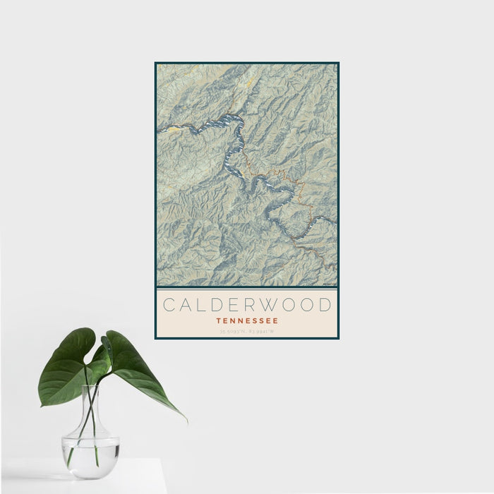 16x24 Calderwood Tennessee Map Print Portrait Orientation in Woodblock Style With Tropical Plant Leaves in Water