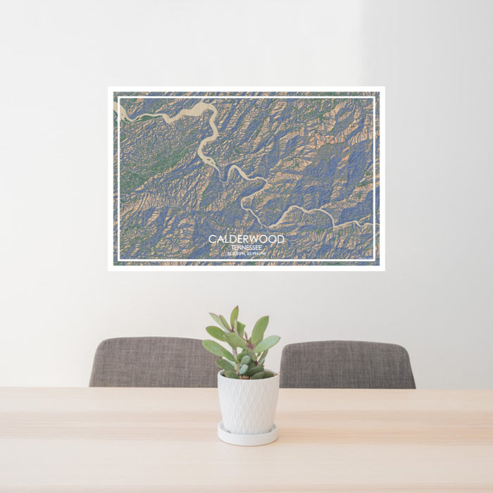 24x36 Calderwood Tennessee Map Print Lanscape Orientation in Afternoon Style Behind 2 Chairs Table and Potted Plant