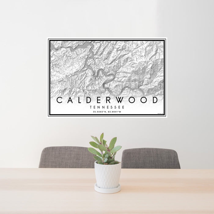 24x36 Calderwood Tennessee Map Print Lanscape Orientation in Classic Style Behind 2 Chairs Table and Potted Plant