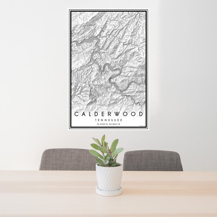 24x36 Calderwood Tennessee Map Print Portrait Orientation in Classic Style Behind 2 Chairs Table and Potted Plant