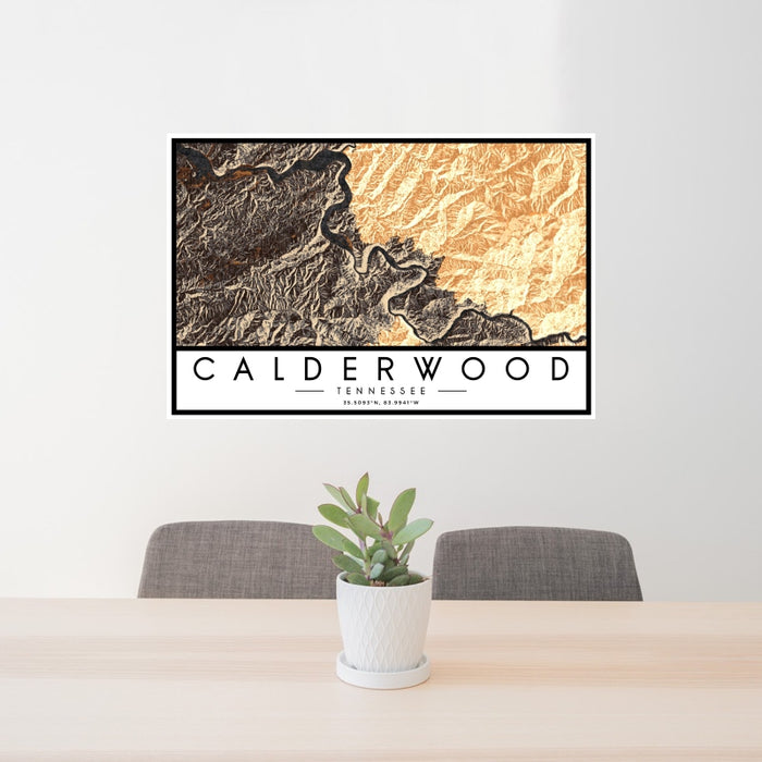 24x36 Calderwood Tennessee Map Print Lanscape Orientation in Ember Style Behind 2 Chairs Table and Potted Plant