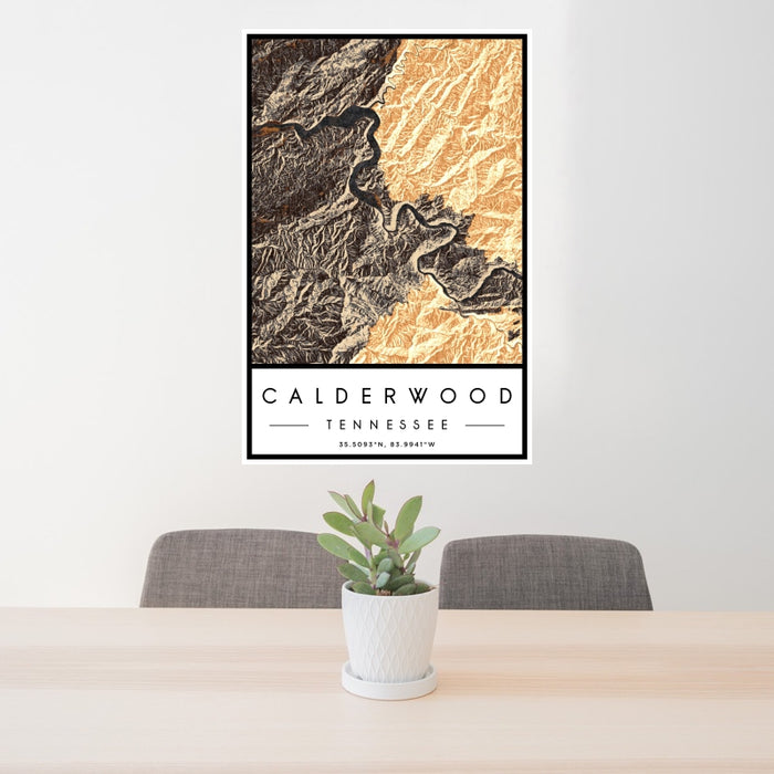 24x36 Calderwood Tennessee Map Print Portrait Orientation in Ember Style Behind 2 Chairs Table and Potted Plant