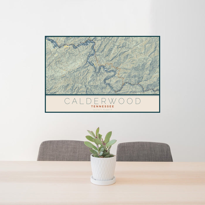 24x36 Calderwood Tennessee Map Print Lanscape Orientation in Woodblock Style Behind 2 Chairs Table and Potted Plant