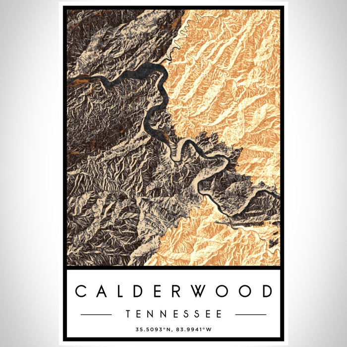 Calderwood Tennessee Map Print Portrait Orientation in Ember Style With Shaded Background