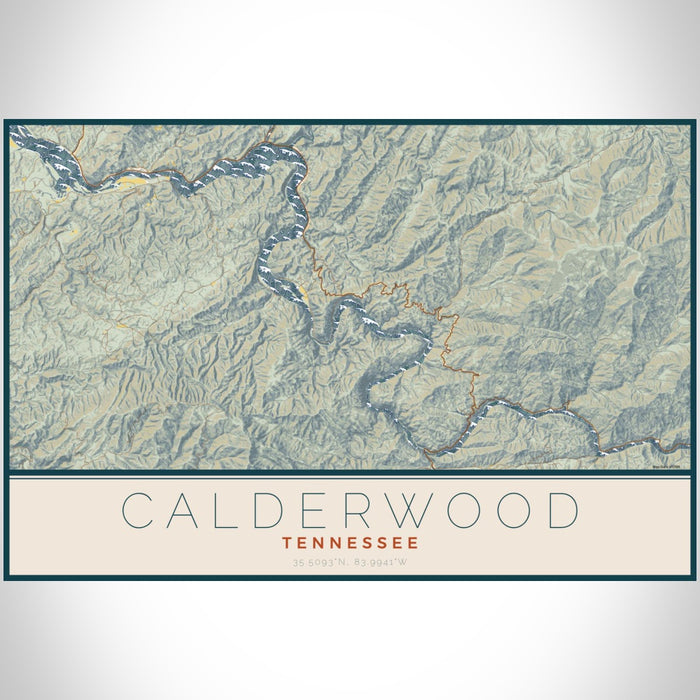 Calderwood Tennessee Map Print Landscape Orientation in Woodblock Style With Shaded Background