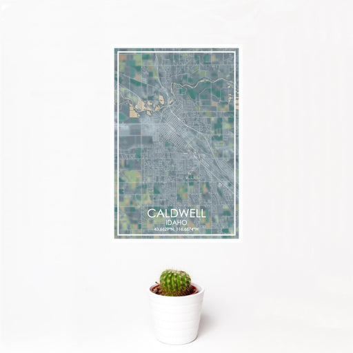 12x18 Caldwell Idaho Map Print Portrait Orientation in Afternoon Style With Small Cactus Plant in White Planter
