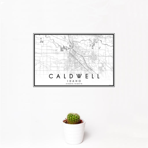 12x18 Caldwell Idaho Map Print Landscape Orientation in Classic Style With Small Cactus Plant in White Planter
