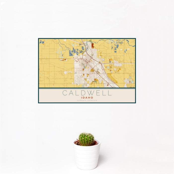 12x18 Caldwell Idaho Map Print Landscape Orientation in Woodblock Style With Small Cactus Plant in White Planter