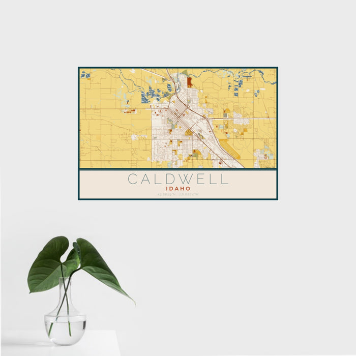 16x24 Caldwell Idaho Map Print Landscape Orientation in Woodblock Style With Tropical Plant Leaves in Water