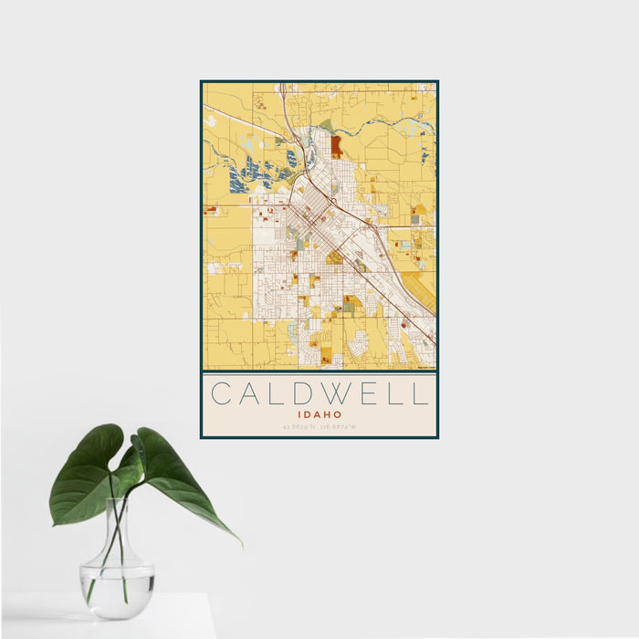 16x24 Caldwell Idaho Map Print Portrait Orientation in Woodblock Style With Tropical Plant Leaves in Water