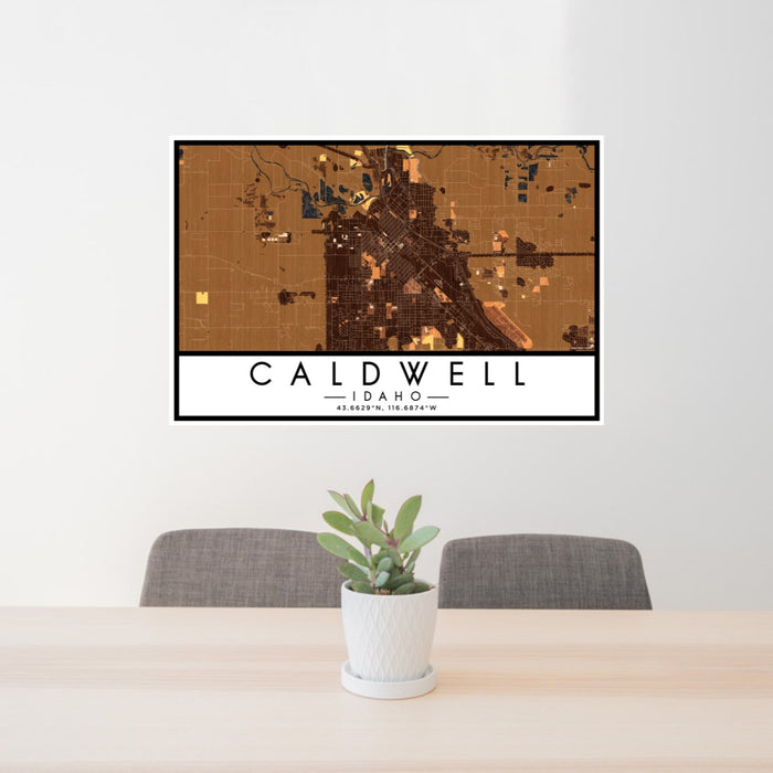 24x36 Caldwell Idaho Map Print Lanscape Orientation in Ember Style Behind 2 Chairs Table and Potted Plant