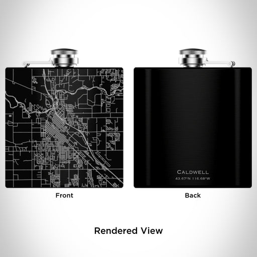 Rendered View of Caldwell Idaho Map Engraving on 6oz Stainless Steel Flask in Black