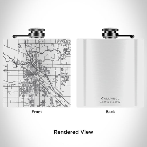 Rendered View of Caldwell Idaho Map Engraving on 6oz Stainless Steel Flask in White