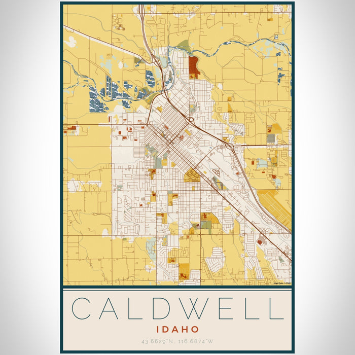 Caldwell Idaho Map Print Portrait Orientation in Woodblock Style With Shaded Background
