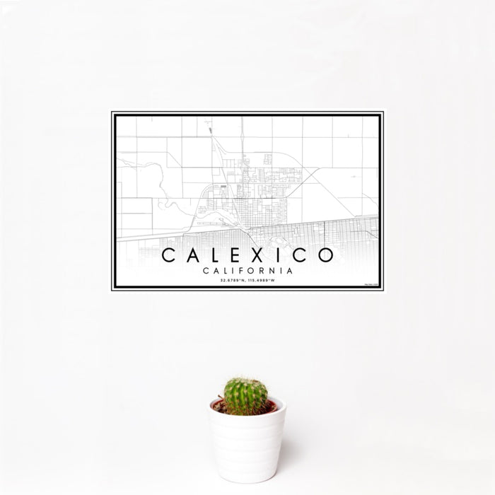 12x18 Calexico California Map Print Landscape Orientation in Classic Style With Small Cactus Plant in White Planter
