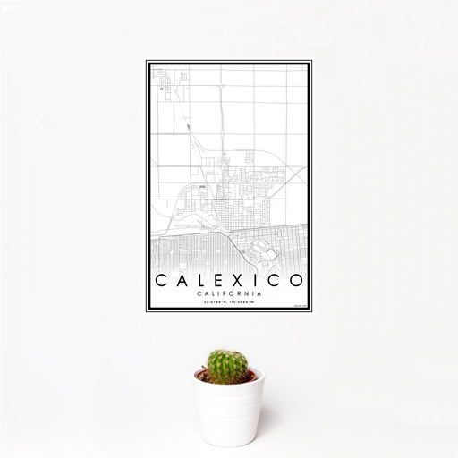 12x18 Calexico California Map Print Portrait Orientation in Classic Style With Small Cactus Plant in White Planter