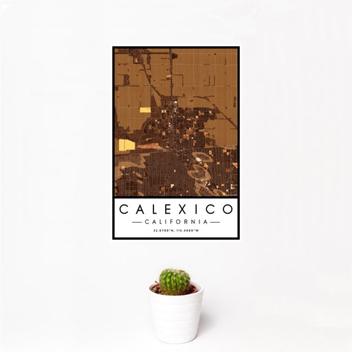 12x18 Calexico California Map Print Portrait Orientation in Ember Style With Small Cactus Plant in White Planter