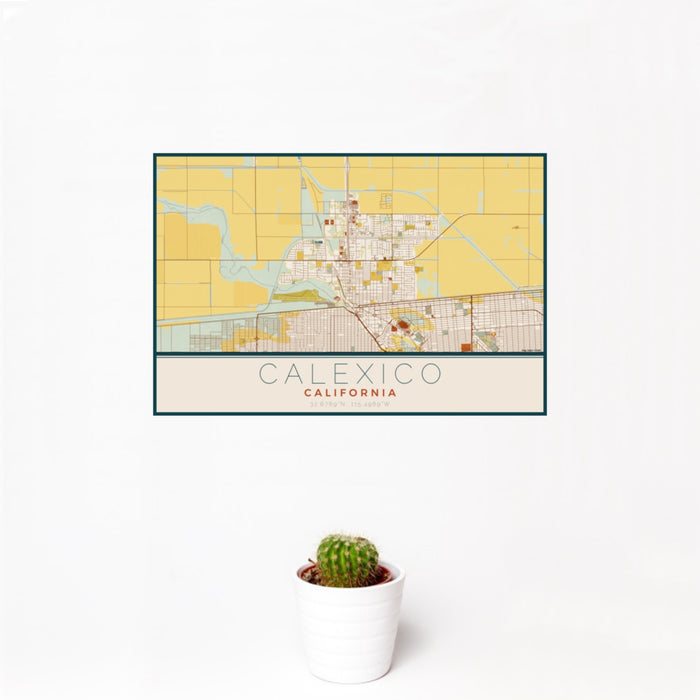 12x18 Calexico California Map Print Landscape Orientation in Woodblock Style With Small Cactus Plant in White Planter