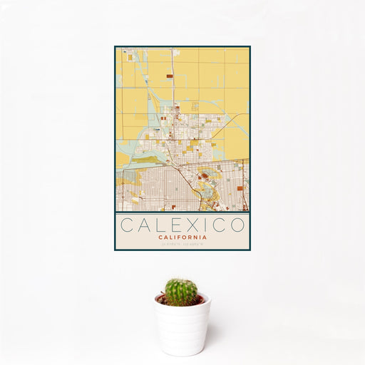 12x18 Calexico California Map Print Portrait Orientation in Woodblock Style With Small Cactus Plant in White Planter