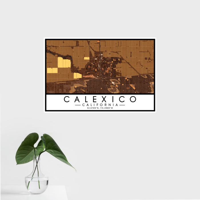 16x24 Calexico California Map Print Landscape Orientation in Ember Style With Tropical Plant Leaves in Water