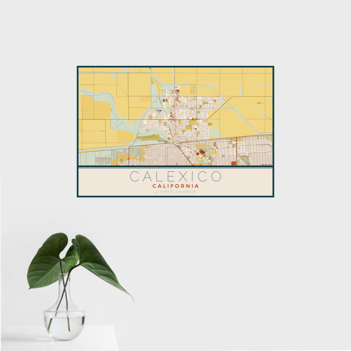 16x24 Calexico California Map Print Landscape Orientation in Woodblock Style With Tropical Plant Leaves in Water