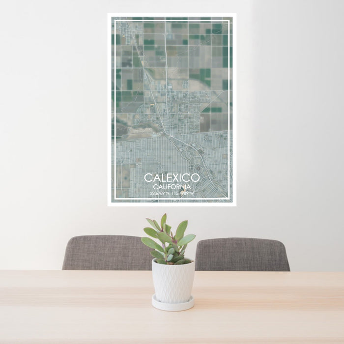 24x36 Calexico California Map Print Portrait Orientation in Afternoon Style Behind 2 Chairs Table and Potted Plant