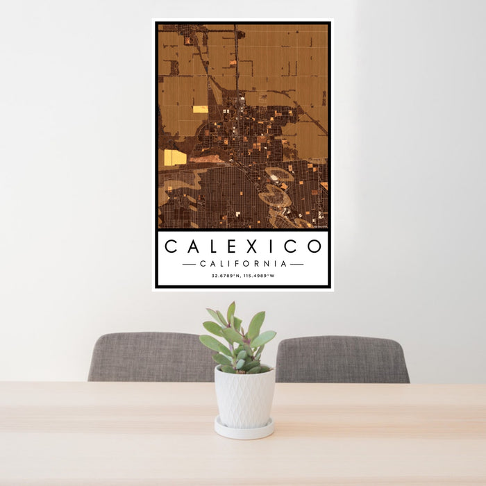 24x36 Calexico California Map Print Portrait Orientation in Ember Style Behind 2 Chairs Table and Potted Plant