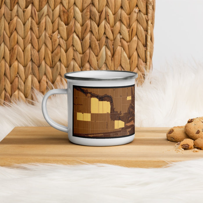 Left View Custom Calexico California Map Enamel Mug in Ember on Table Top