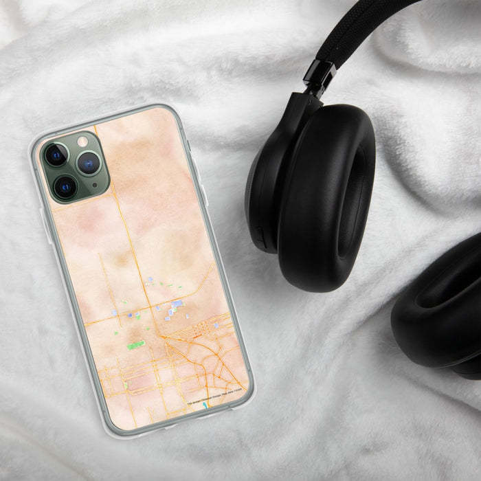 Custom Calexico California Map Phone Case in Watercolor on Table with Black Headphones