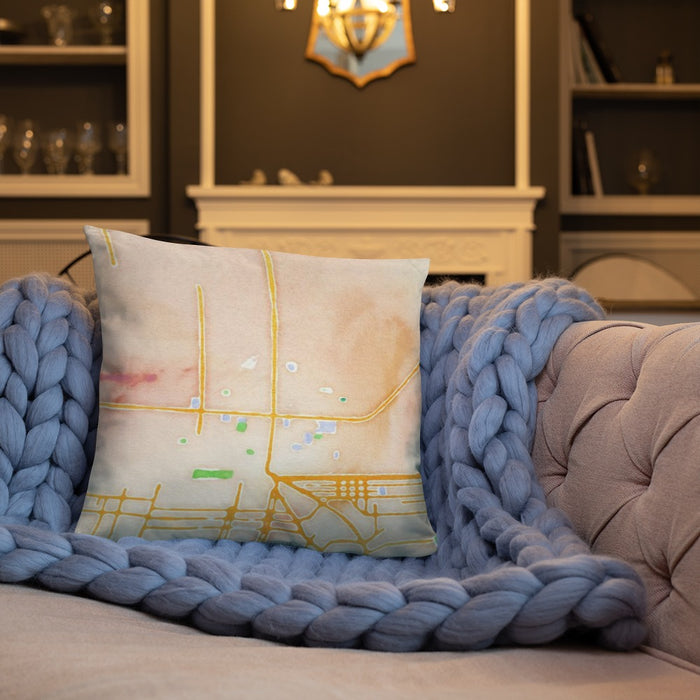 Custom Calexico California Map Throw Pillow in Watercolor on Cream Colored Couch