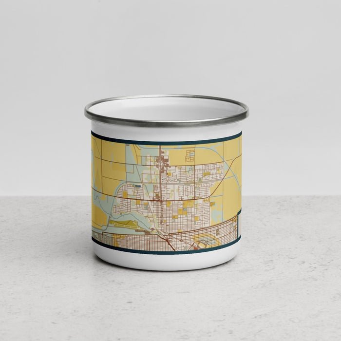 Front View Custom Calexico California Map Enamel Mug in Woodblock