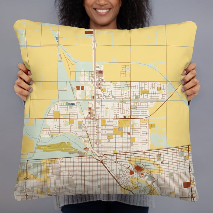 Person holding 22x22 Custom Calexico California Map Throw Pillow in Woodblock