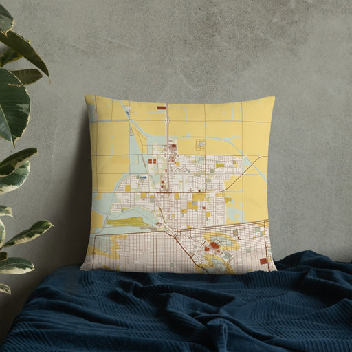 Custom Calexico California Map Throw Pillow in Woodblock on Bedding Against Wall