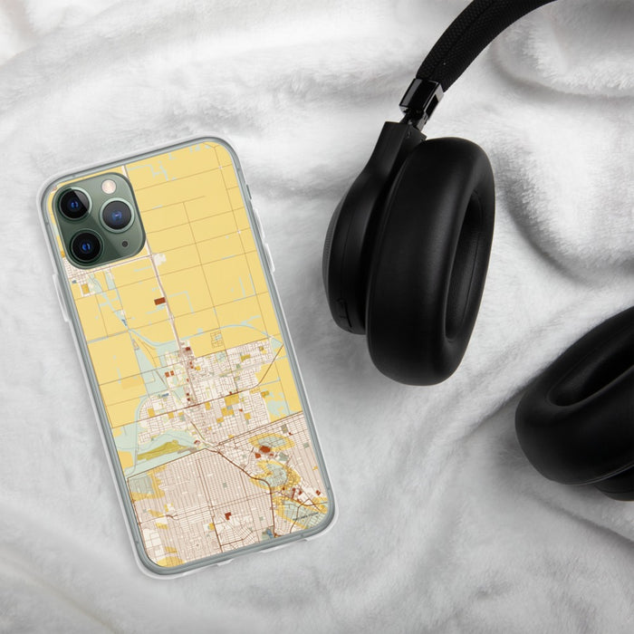 Custom Calexico California Map Phone Case in Woodblock on Table with Black Headphones