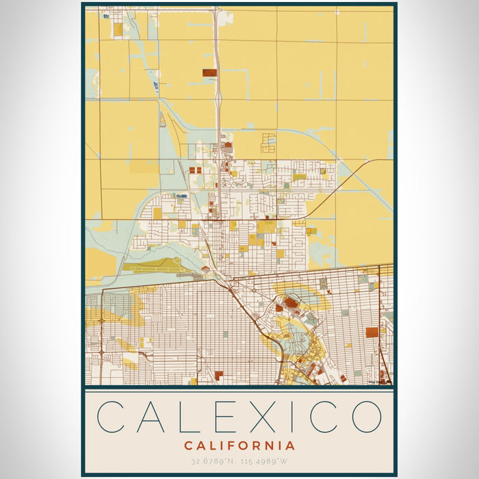Calexico California Map Print Portrait Orientation in Woodblock Style With Shaded Background