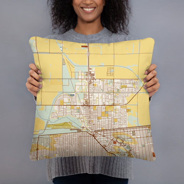 Person holding 18x18 Custom Calexico California Map Throw Pillow in Woodblock