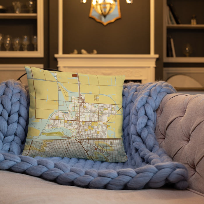 Custom Calexico California Map Throw Pillow in Woodblock on Cream Colored Couch