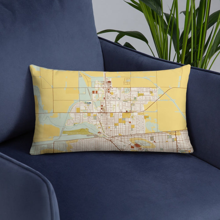 Custom Calexico California Map Throw Pillow in Woodblock on Blue Colored Chair