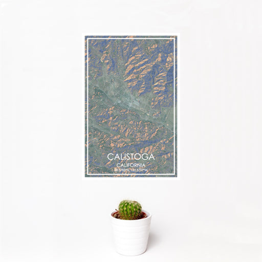 12x18 Calistoga California Map Print Portrait Orientation in Afternoon Style With Small Cactus Plant in White Planter