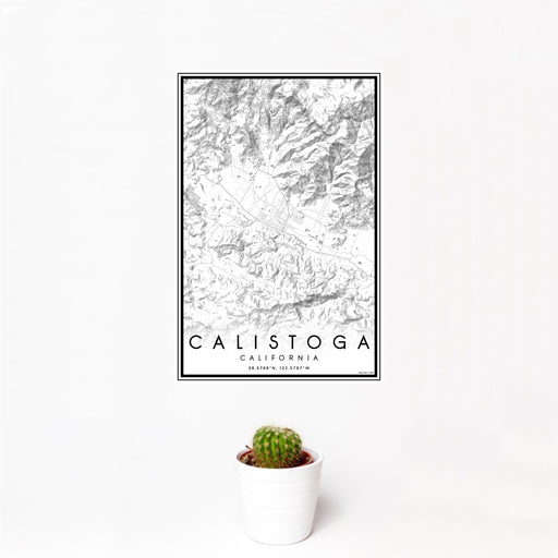 12x18 Calistoga California Map Print Portrait Orientation in Classic Style With Small Cactus Plant in White Planter