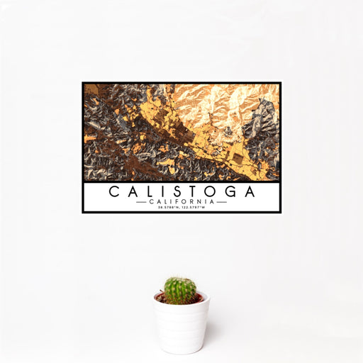 12x18 Calistoga California Map Print Landscape Orientation in Ember Style With Small Cactus Plant in White Planter