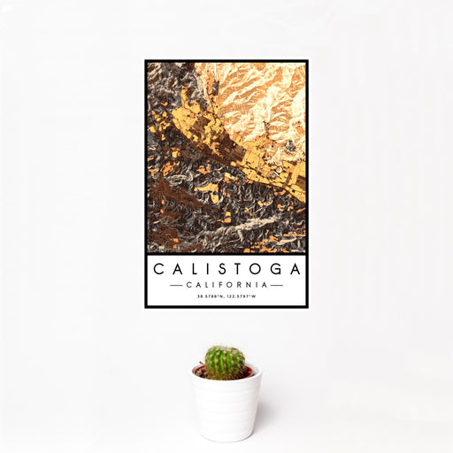 12x18 Calistoga California Map Print Portrait Orientation in Ember Style With Small Cactus Plant in White Planter