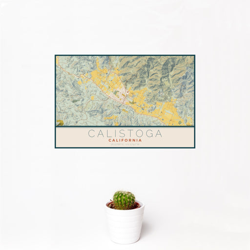 12x18 Calistoga California Map Print Landscape Orientation in Woodblock Style With Small Cactus Plant in White Planter