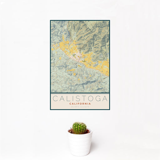 12x18 Calistoga California Map Print Portrait Orientation in Woodblock Style With Small Cactus Plant in White Planter