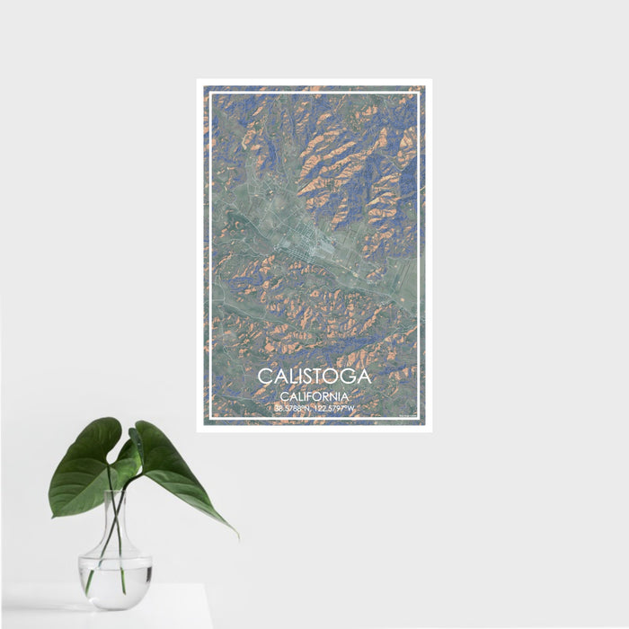 16x24 Calistoga California Map Print Portrait Orientation in Afternoon Style With Tropical Plant Leaves in Water