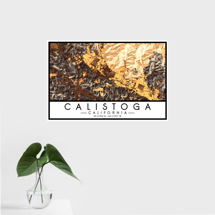 16x24 Calistoga California Map Print Landscape Orientation in Ember Style With Tropical Plant Leaves in Water